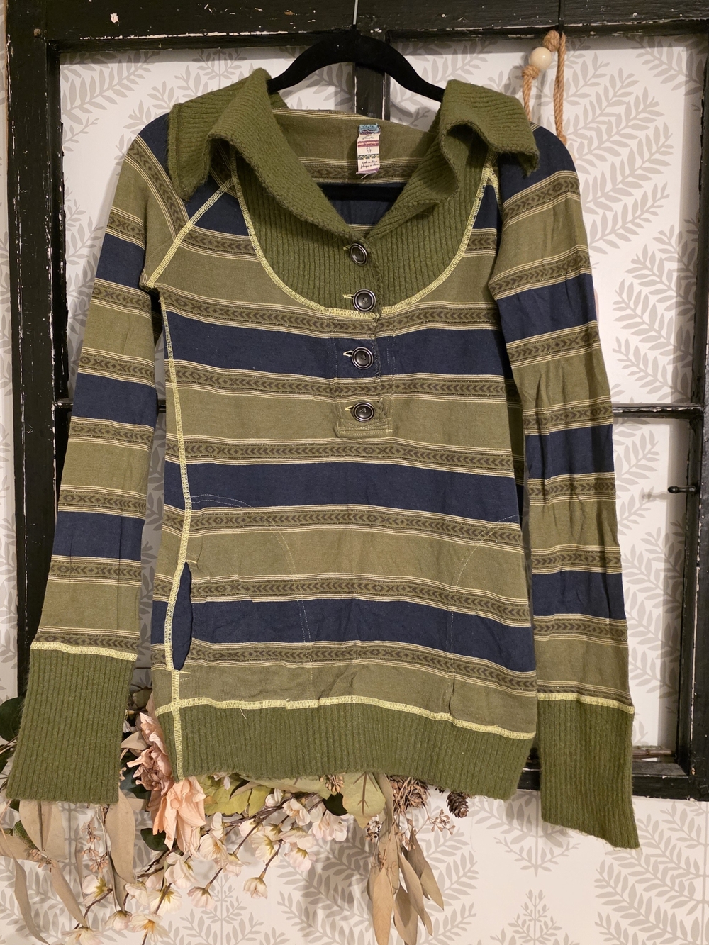 Free People Olive and Navy Striped Button-Neck Pullover